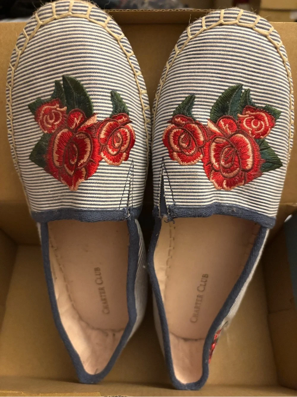 Navy Striped Espadrille Flats with Red Rose Embroidery 6.5